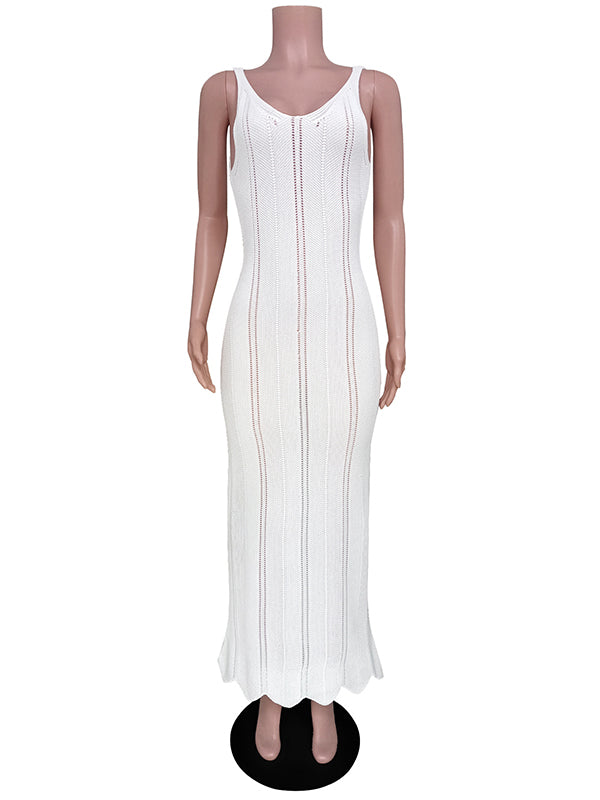 Skinny Sleeveless Backless Hollow See-Through Solid Color Split-Joint Wide Straps Maxi Dresses