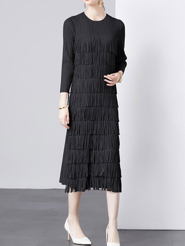 Long Sleeves Loose Pleated Solid Color Split-Joint Tasseled Round-Neck Midi Dresses