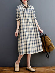 Half Sleeves Loose Plaid Lapel Midi Dresses