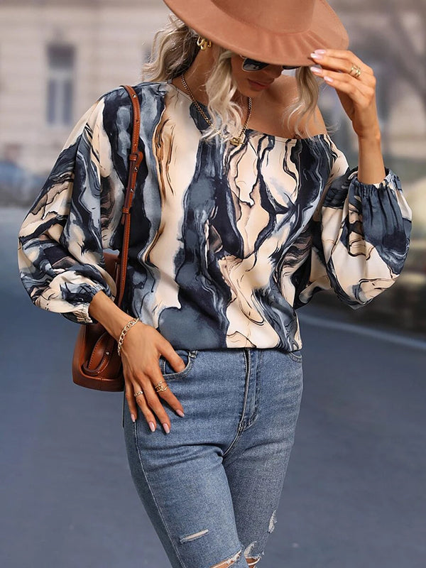 Long Sleeves Loose Asymmetric Printed One-Shoulder Blouses&Shirts Tops