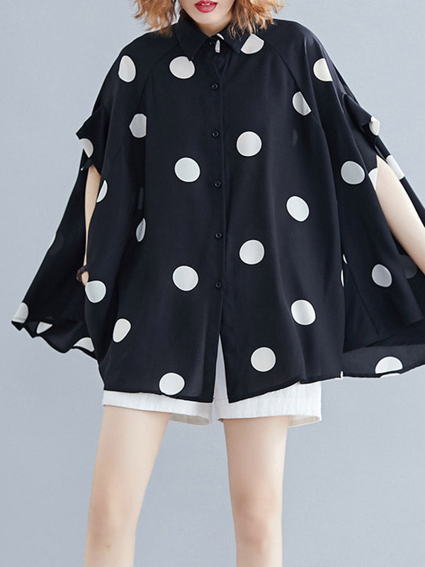 Batwing Sleeves Half Sleeves Buttoned Polka-Dot Lapel Blouses&Shirts Tops