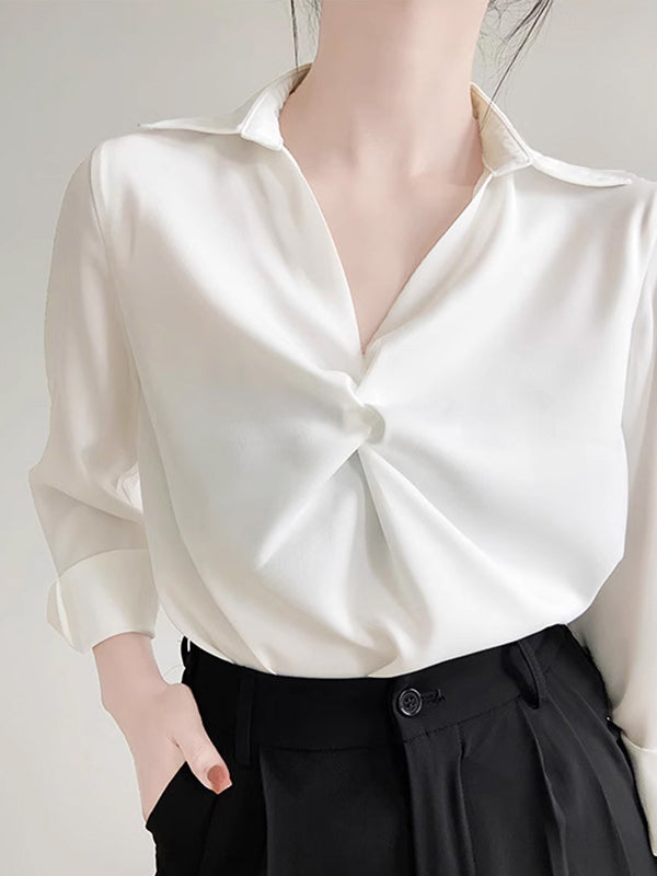 Long Sleeves Loose Knot Solid Color Lapel Blouses&Shirts Tops