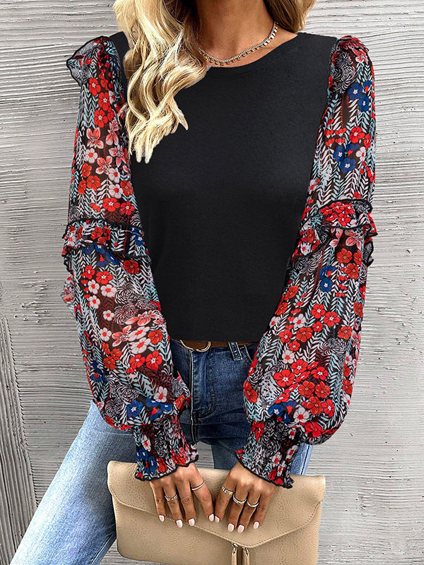 Long Sleeves Loose Flower Print Split-Joint Round-Neck Blouses&Shirts Tops