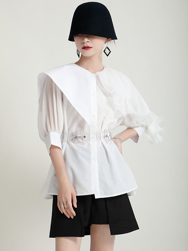 Stylish Asymmetric Split-Joint Falbala With Belted Half Sleeves Blouses