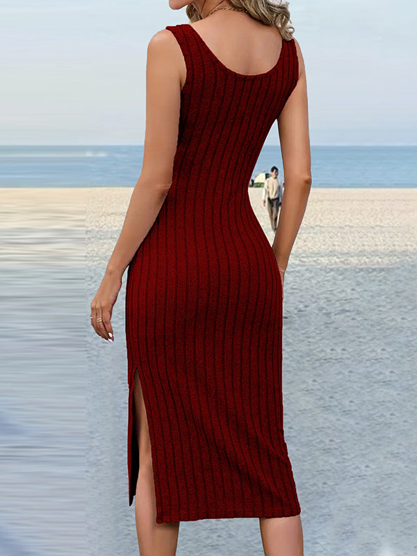 Skinny Sleeveless Solid Color Split-Side Striped U-Neck Midi Dresses