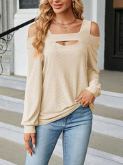 Long Sleeves Loose Hollow Jacquard Solid Color U-Neck T-Shirts Tops