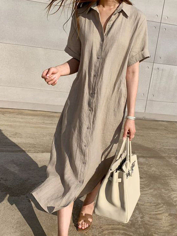 Simple 3 Colors Loose Casual Short Sleeve Shirt Dress