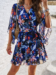 Flared Sleeves Half Sleeves Flower Print Ruffle Trim Split-Joint Tied Waist V-Neck Mini Dresses