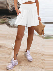 High Waisted Loose Elasticity Pleated Pockets Solid Color Split-Joint Shorts Bottoms