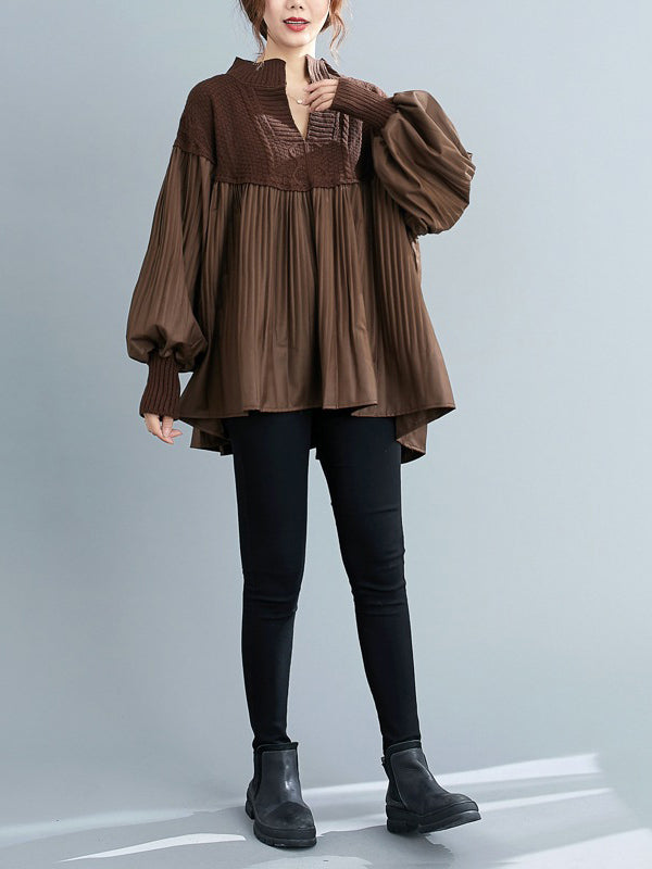 Stylish Knitting Split-Joint Puff Sleeve Shirt Pullover Top