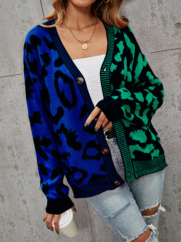 Long Sleeves Loose Buttoned Leopard Split-Joint V-Neck Cardigan Tops