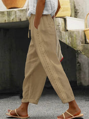 Elegant cotton and linen stitching cropped trousers straight-leg trousers