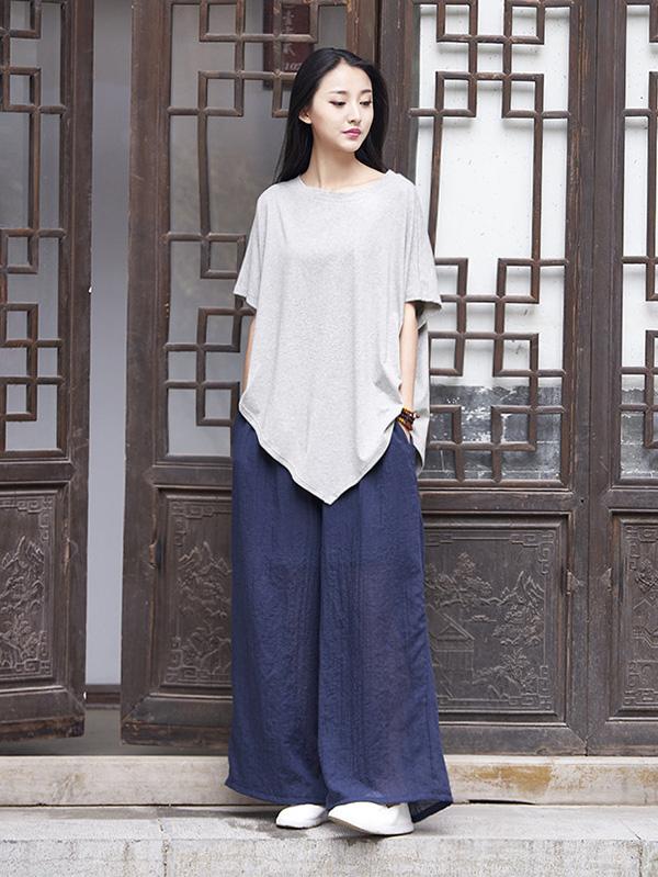 Asymmetric Batwing-sleeves Ramie Cotton Tops