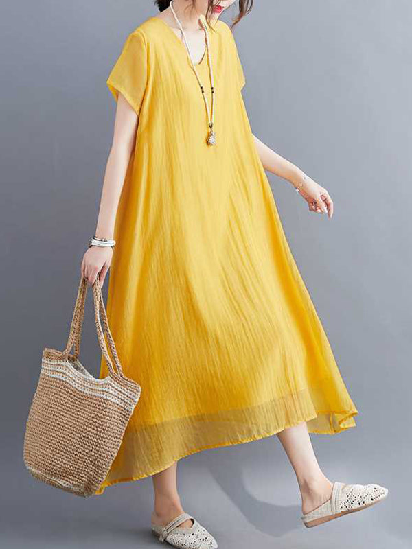 A-Line Loose Solid Color V-Neck Midi Dresses