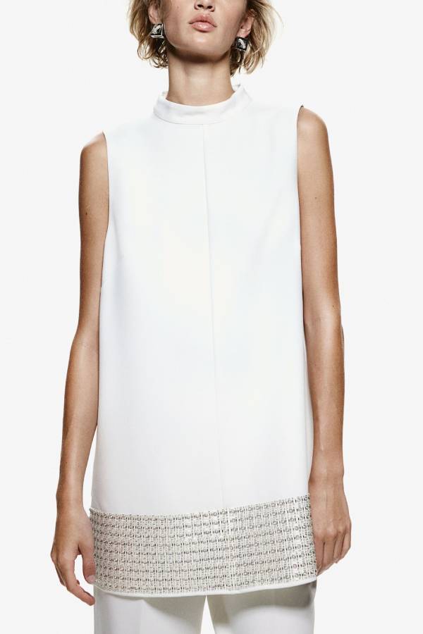 Simple But Not Simple Sequin Trim High Neck Sleeveless A-line Top