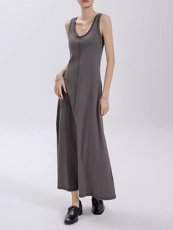 Loose Sleeveless Solid Color Split-Joint Round-Neck Maxi Dresses