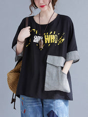 Original Letter Print Split-Joint Round-Neck T-Shirts Tops