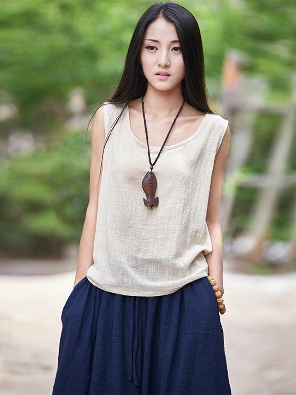 3 Colors Sleeveless Ramie Cotton T-shirt