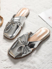 Hollow Pleated Shiny Split-Joint Square-Toe Slippers&Mules