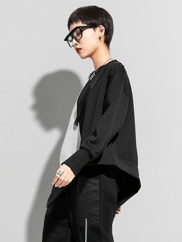 Stylish Black&Gray Asymmetric Contrast Color Long Sleeves Round-Neck T-Shirt