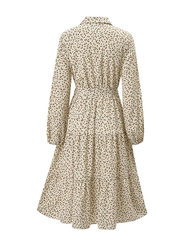 A-Line Long Sleeves Buttoned Flower Print Pleated Split-Joint Tied Waist Lapel Midi Dresses