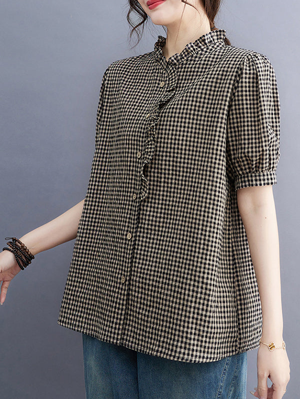 Loose Oversize Plaid Pleated Split-Joint V-Neck Blouses