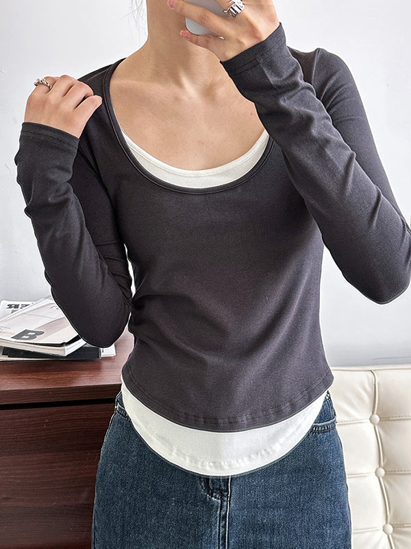 False Two Long Sleeves Contrast Color Round-Neck T-Shirts Tops