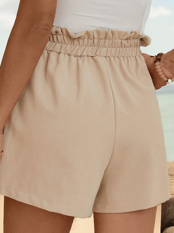 Loose Drawstring Elasticity Pleated Pockets Ruffle Trim Solid Color Shorts Bottoms