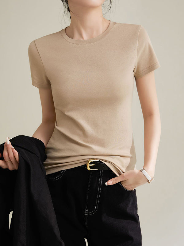 Short Sleeves Skinny Solid Color Round-Neck T-Shirts Tops