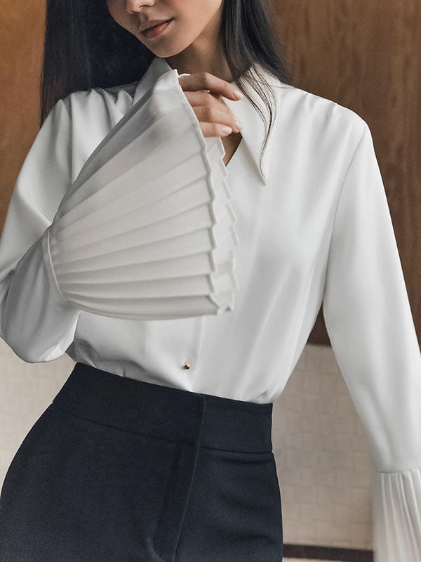 Flared Sleeves Long Sleeves Buttoned Hollow Pleated Split-Joint Lapel Blouses&Shirts Tops