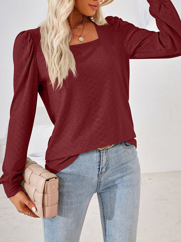 Loose Jacquard Solid Color Square-neck T-Shirts Tops