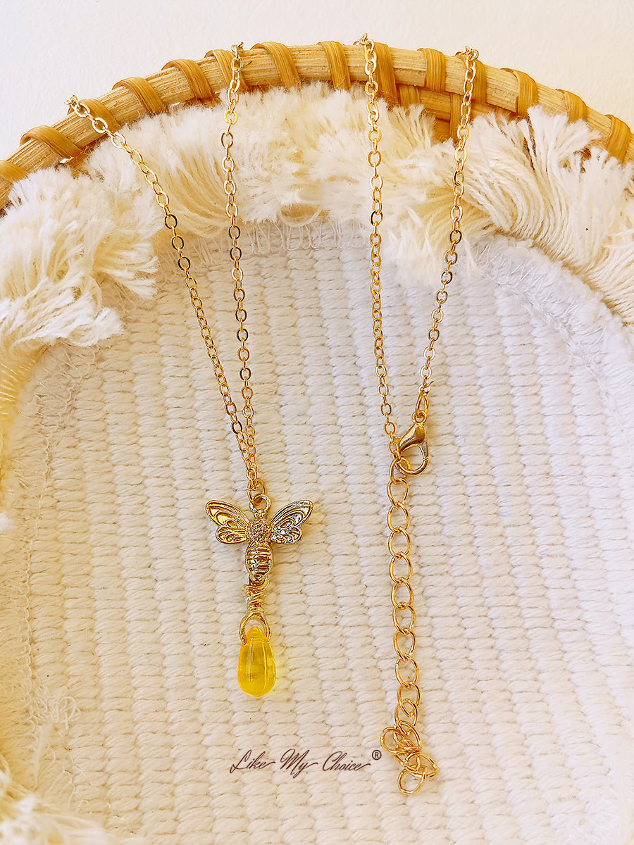 Retro Bee Amber Drop Necklace