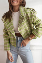 Women Fall/Winter Turndown Collar Plaid Print Jacket