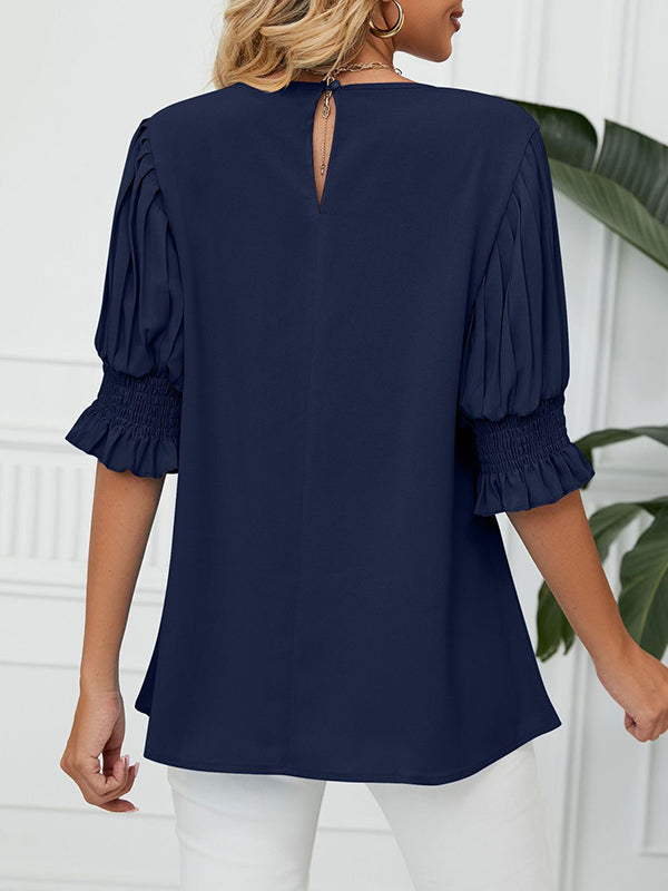 Loose Puff Sleeves Pleated Solid Color Round-Neck T-Shirts Tops