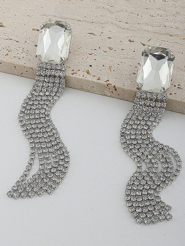 Rhine Stones Tasseled Drop Earrings