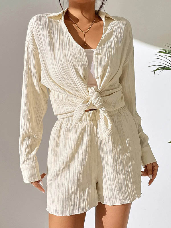 Long Sleeves Loose Buttoned Pleated Solid Color Lapel Shirts Top + Elasticity Shorts Bottom Two Pieces Set