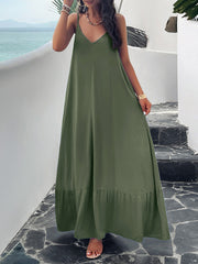 Loose Sleeveless Pleated Solid Color Split-Joint Spaghetti-Neck Maxi Dresses