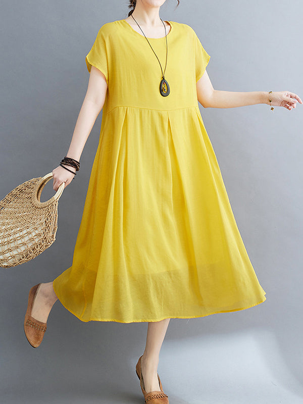 Loose Short Sleeves Solid Color Split-Joint Round-Neck Midi Dresses