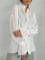 Flared Sleeves Long Sleeves Buttoned Elasticity Jacquard Solid Color Lapel Blouses&Shirts Tops