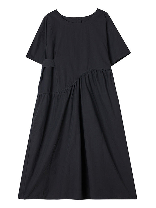 Casual Half Sleeves Loose Solid Color Round-Neck Midi Dresses