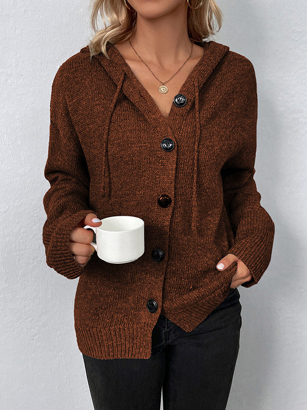 Wrap Buttoned Hooded Solid Color Cardigan