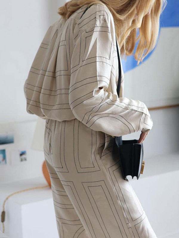 Long Sleeves Loose Buttoned Printed Split-Joint Notched Collar Blouses Tops + Elasticity Pants Bottom Two Pieces Set