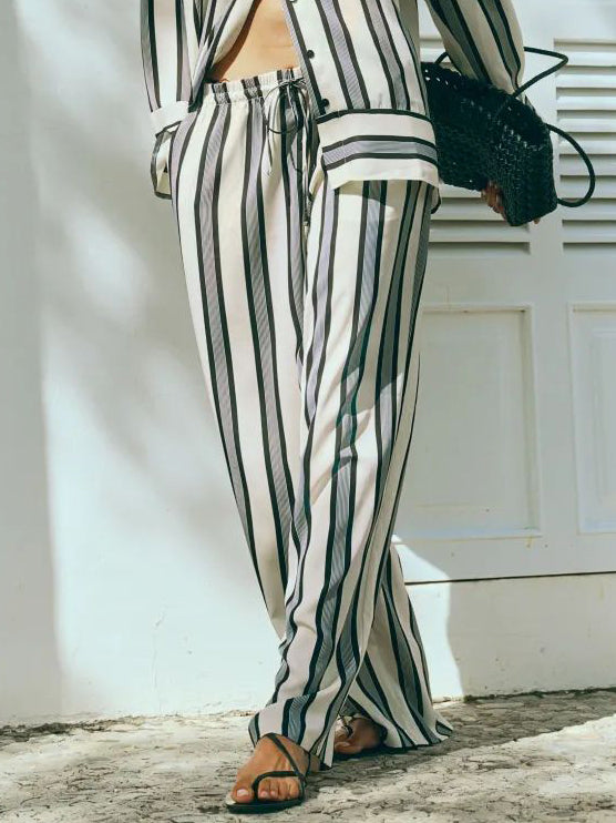 Modern Satin Irregular Striped Side Pocket Loose Wide Leg Pants