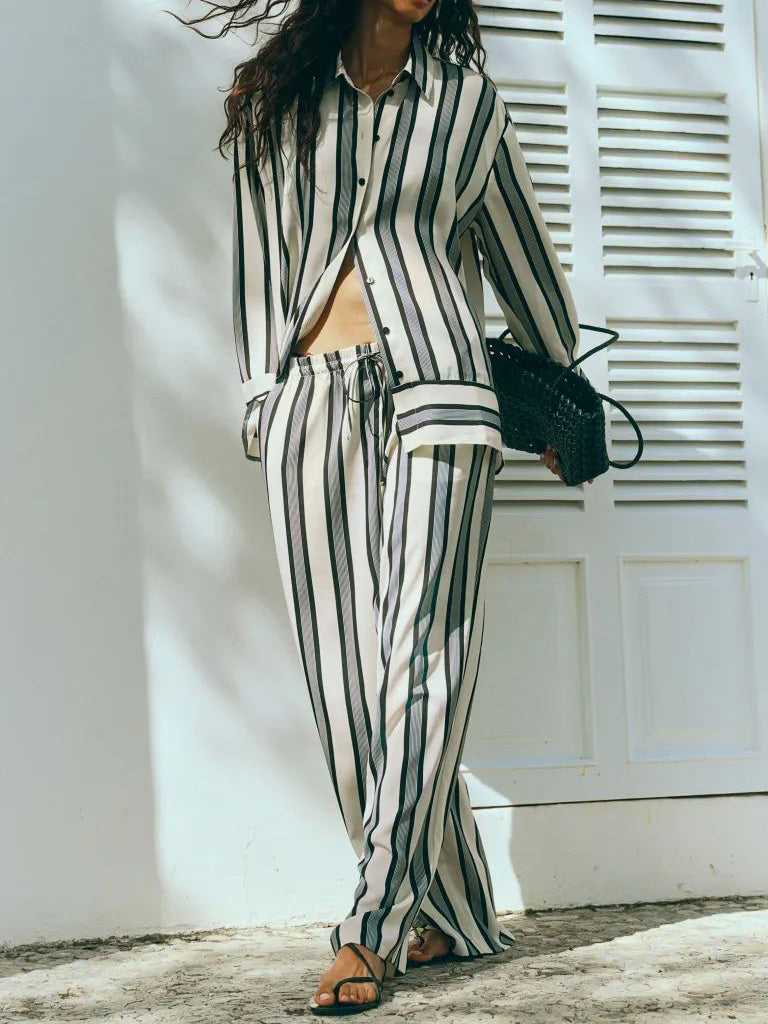 Modern Satin Irregular Striped Side Pocket Loose Wide Leg Pants