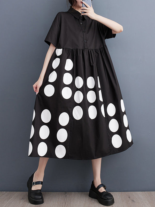 A-Line Loose Buttoned Pockets Polka Dot Printed Lapel Midi Dresses