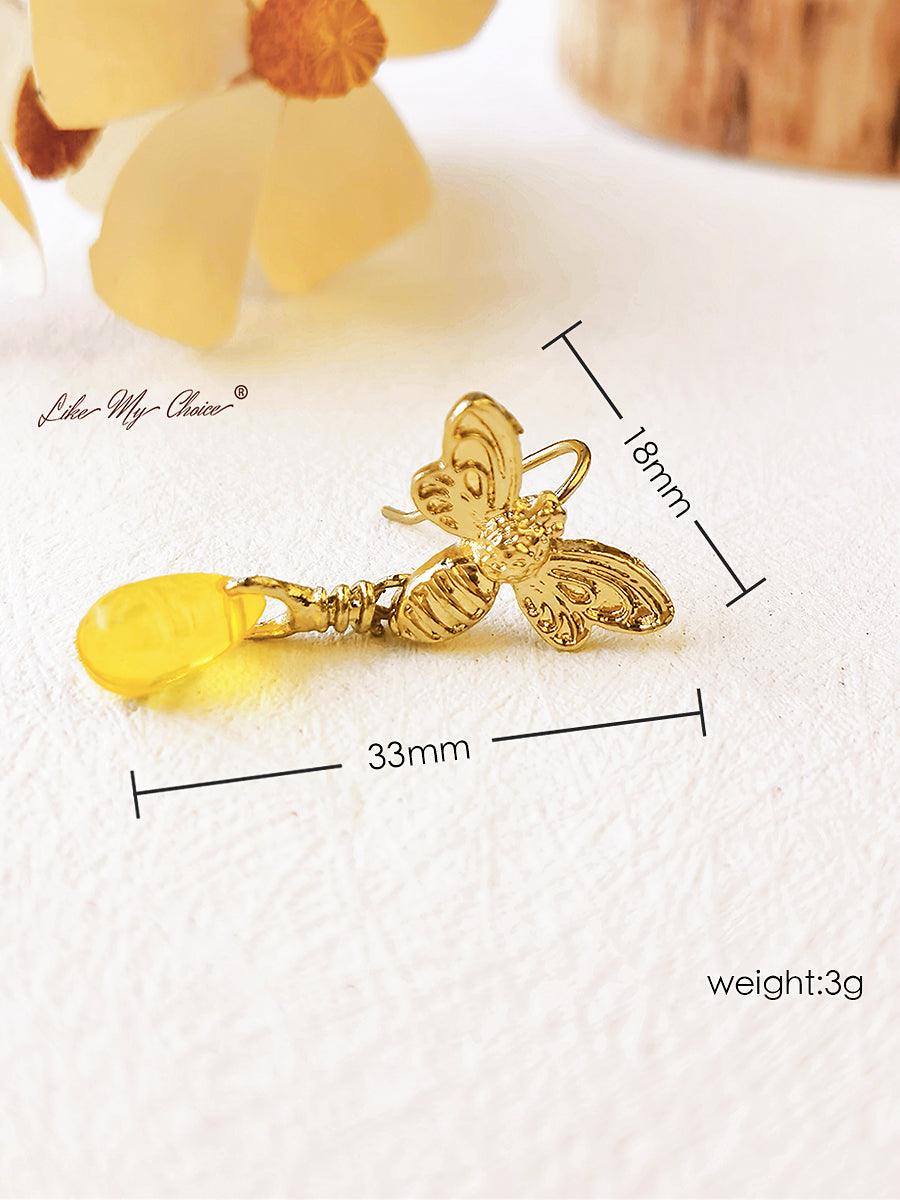 Gold Retro Bee Drop Earrings