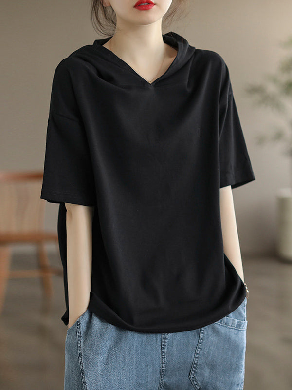 Short Sleeves Hooded Solid Color Hooded T-Shirts Tops