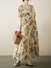 A-Line Loose Floral Printed Round-Neck Midi Dresses