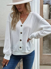 Long Sleeves Loose Buttoned Split-Joint V-Neck T-Shirts Tops