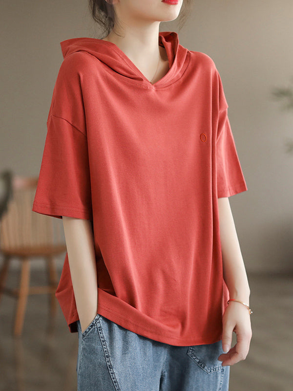 Short Sleeves Hooded Solid Color Hooded T-Shirts Tops